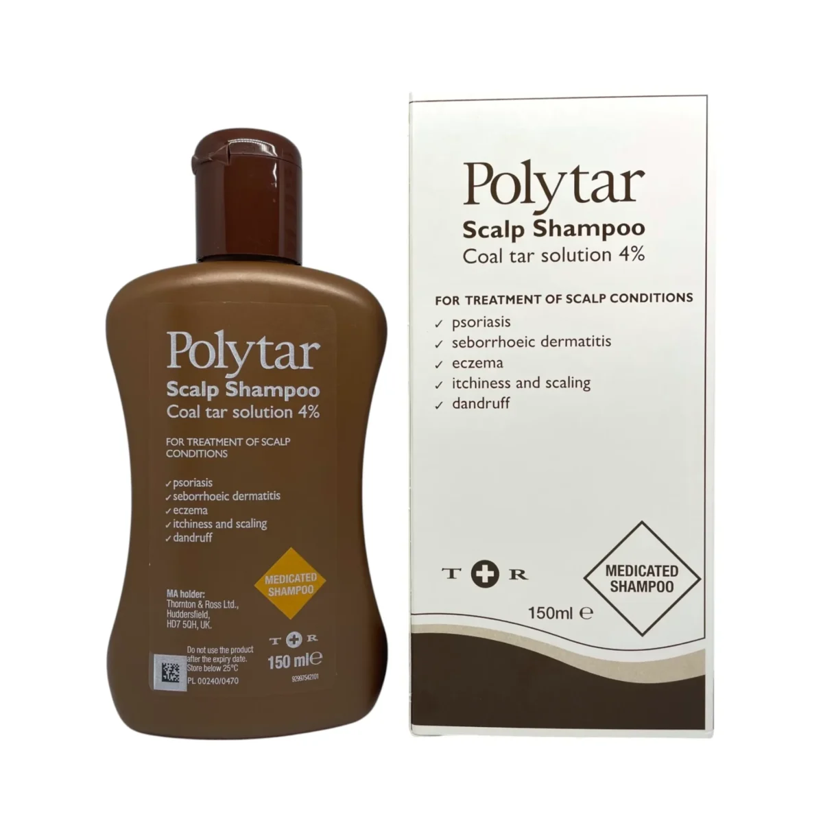 Polytar Scalp Shampoo 150 ml – szampon z 4% roztworem smoły węglowej, butelka i pudełko