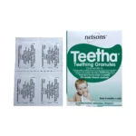 Nelsons Teetha Teething Granules 24 saszetki – pudełko i saszetki granulatu na ząbkowanie