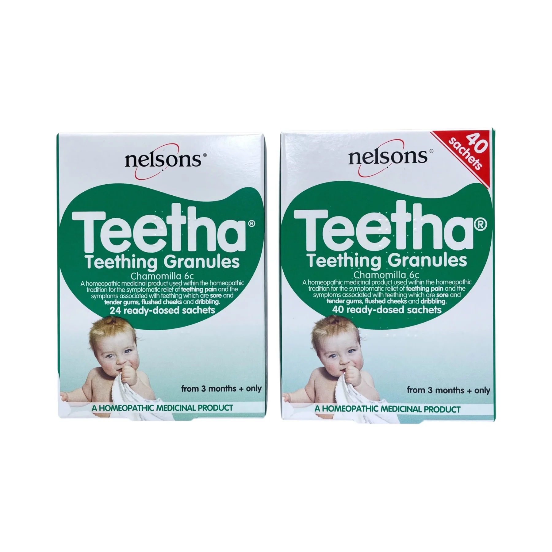 Nelsons Teetha Teething Granules – dwa warianty opakowania: 24 i 40 saszetek