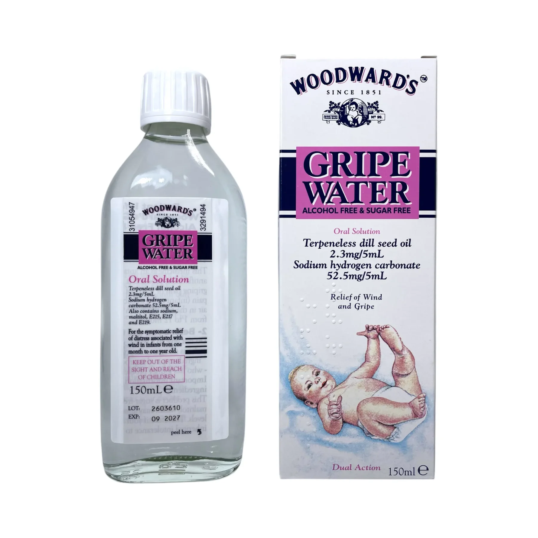 Woodward's Gripe Water 150ml – butelka i pudełko płynu na kolkę i wzdęcia u niemowląt