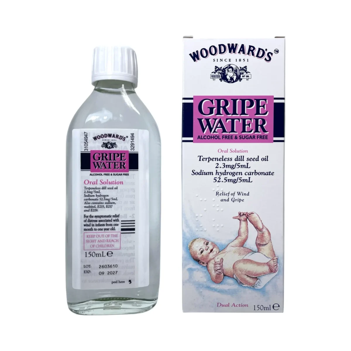 Woodward’s Gripe Water 150 ml – butelka z roztworem doustnym i opakowanie produktu