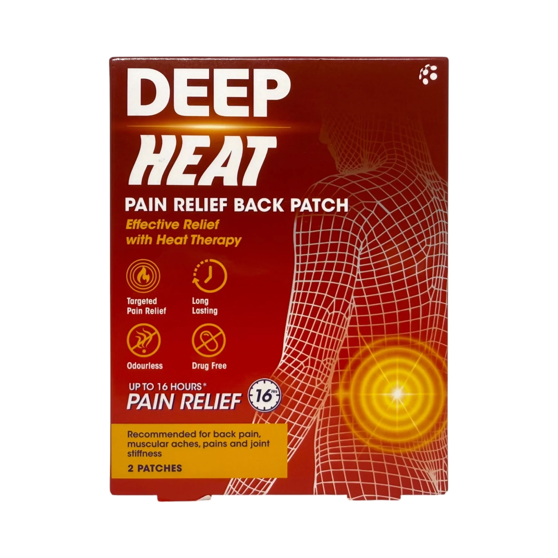 Deep Heat Pain Relief Back Patch – plaster rozgrzewający na bóle pleców, pudełko przód