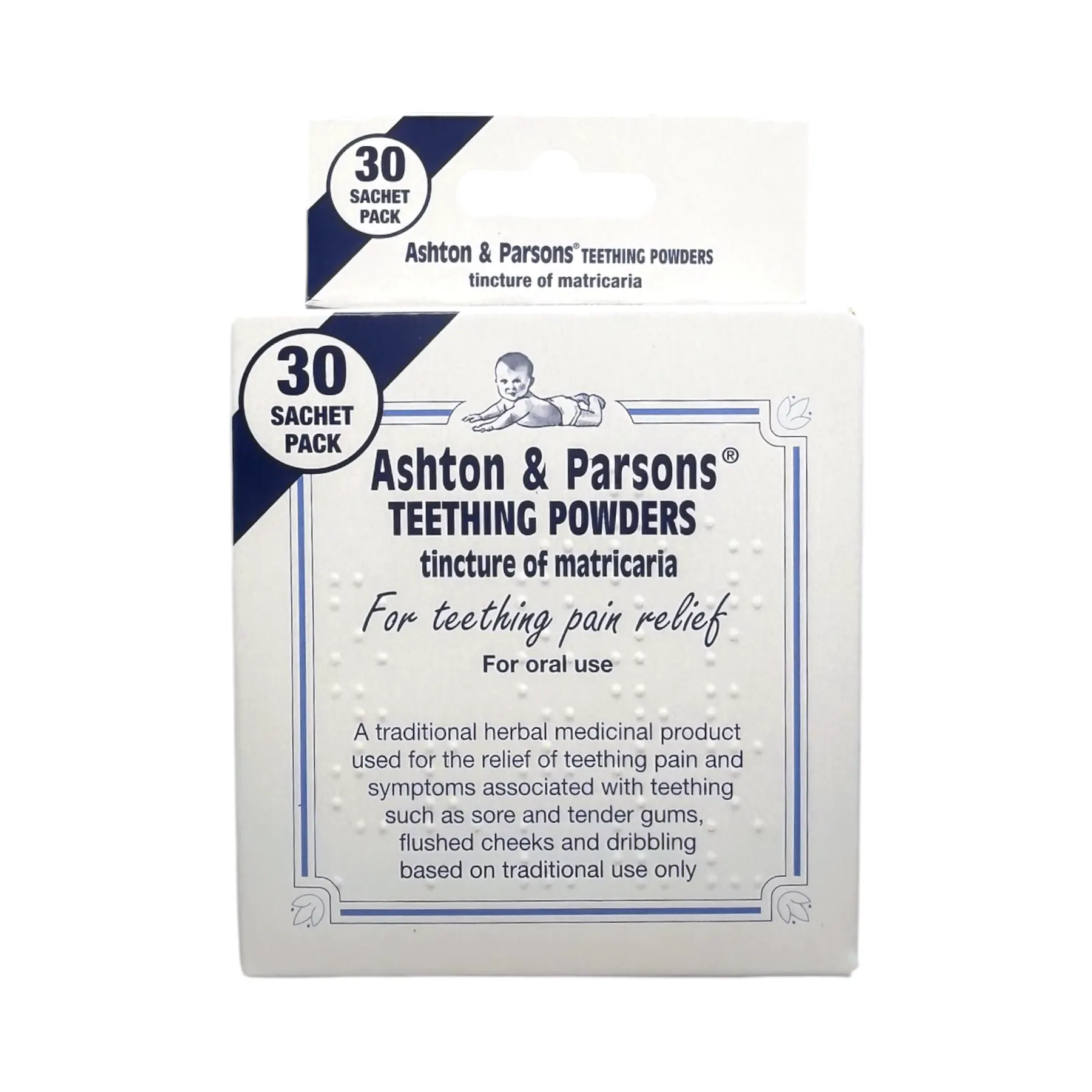 Ashton & Parsons Teething Powders 30 saszetek – łagodzi objawy ząbkowania u niemowląt, pudełko przód