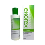 Exorex Lotion 100ml – emulsja z dziegciem węglowym na łuszczycę, butelka i pudełko