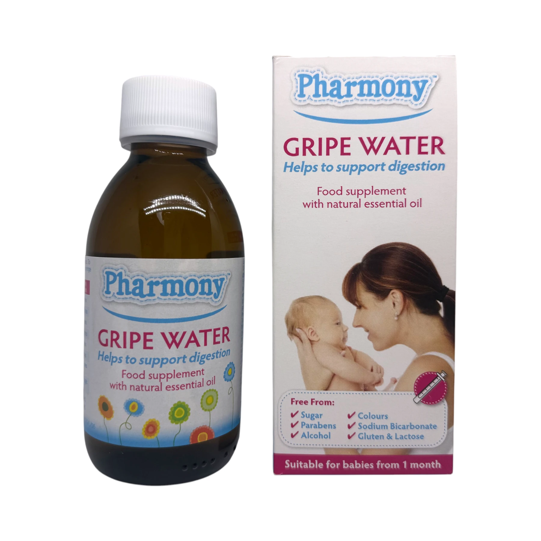 Pharmony Gripe Water 150ml – naturalny olejek eteryczny wspierający trawienie, butelka i pudełko