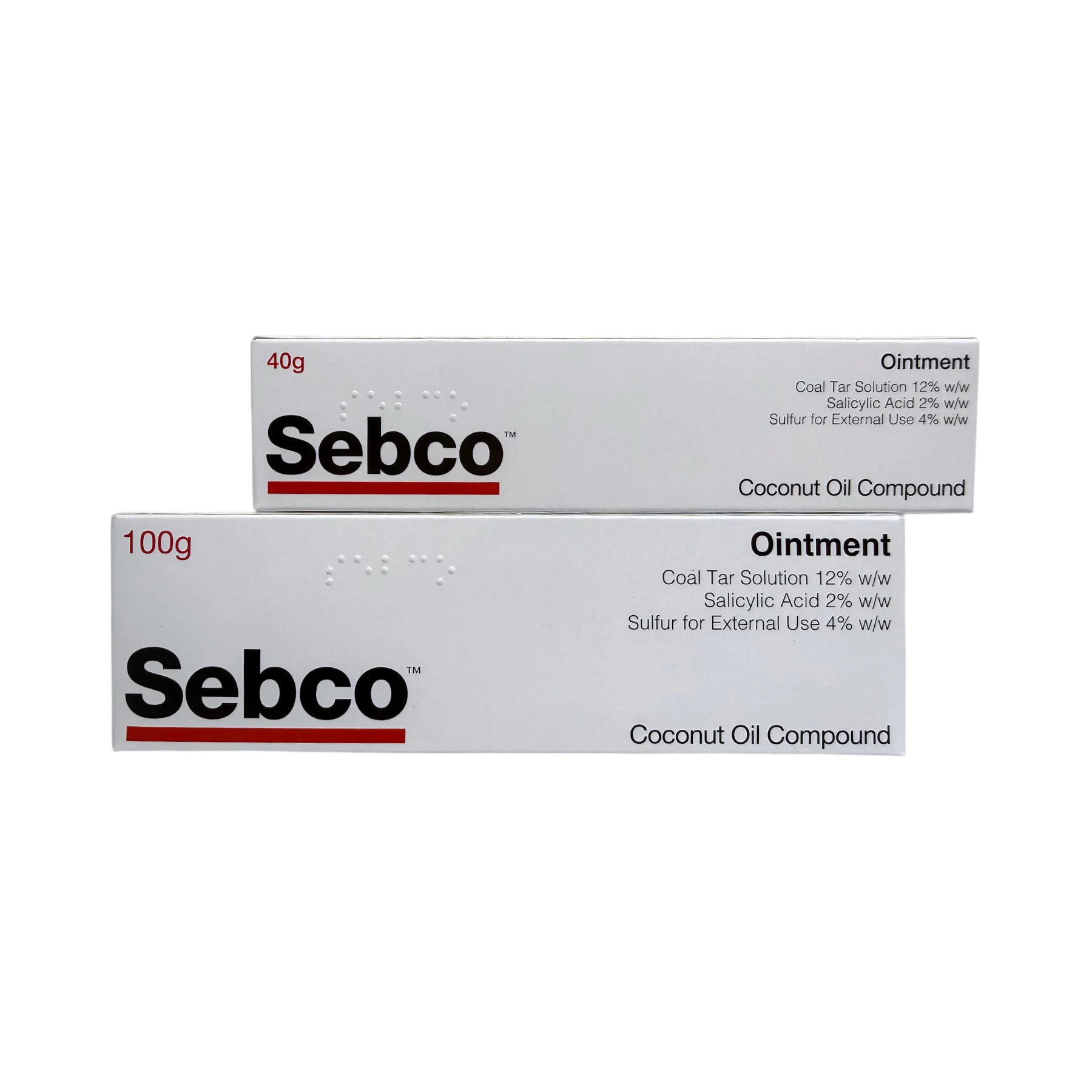 Sebco Ointment 40g i 100g – preparat z dziegciem węglowym na łupież, pudełka porównanie