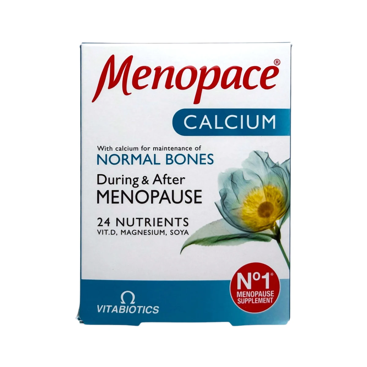 Vitabiotics Menopace Calcium – opakowanie suplementu z wapniem, witaminą D, magnezem i izoflawonami sojowymi