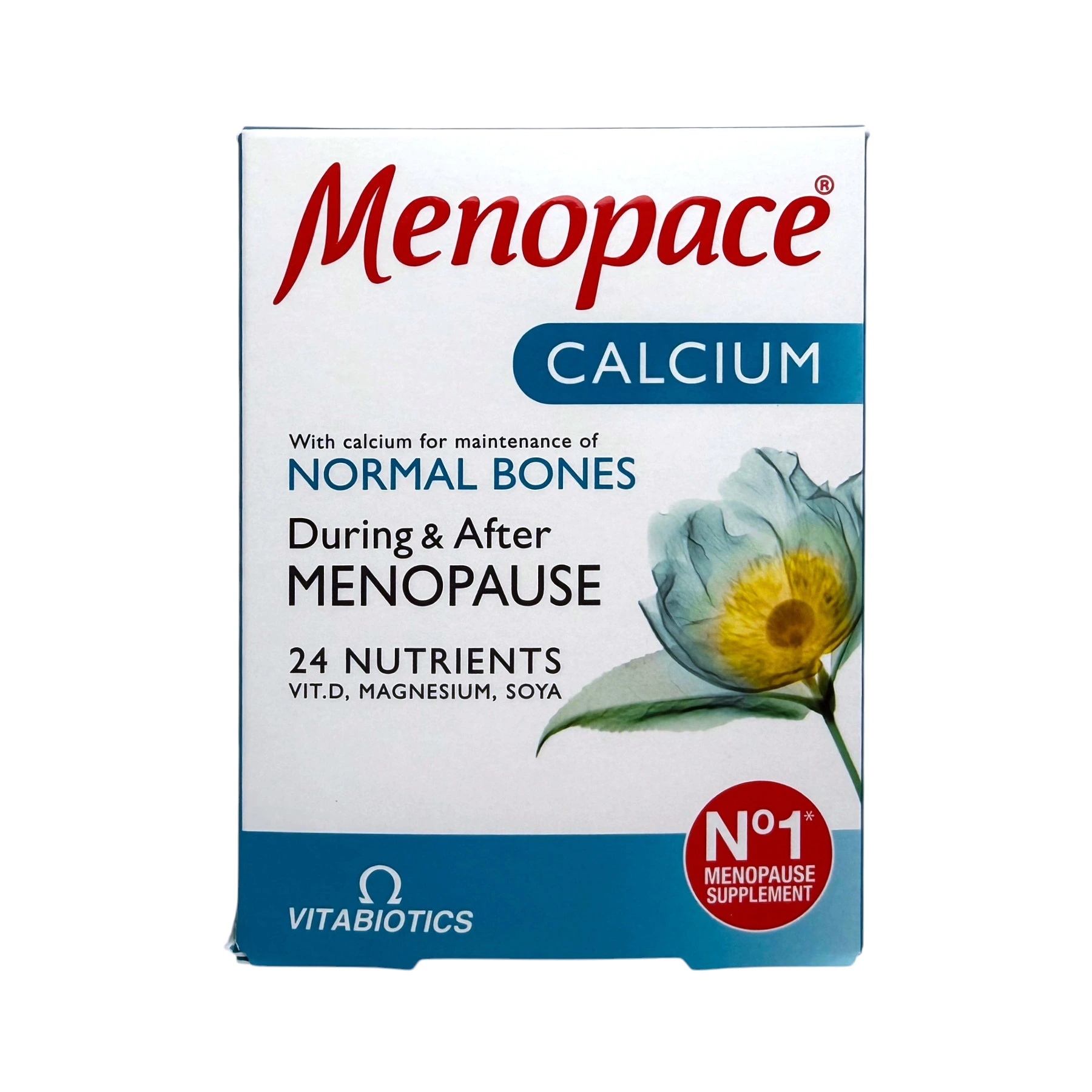 Menopace Calcium Vitabiotics – wsparcie kości w trakcie menopauzy, pudełko przód
