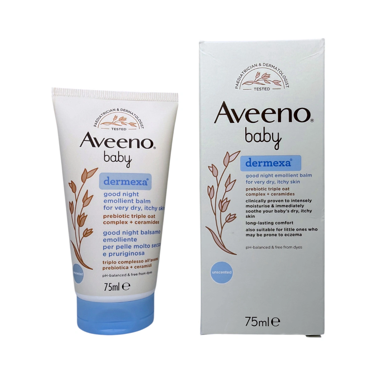 Aveeno Baby Dermexa Good Night Emollient Balm 75 ml – balsam emolientowy w tubie i opakowaniu