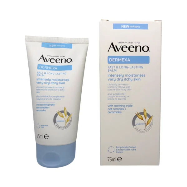 Aveeno Dermexa Fast & Long-Lasting Balm 75 ml – balsam do bardzo suchej i swędzącej skóry, tubka i kartonik