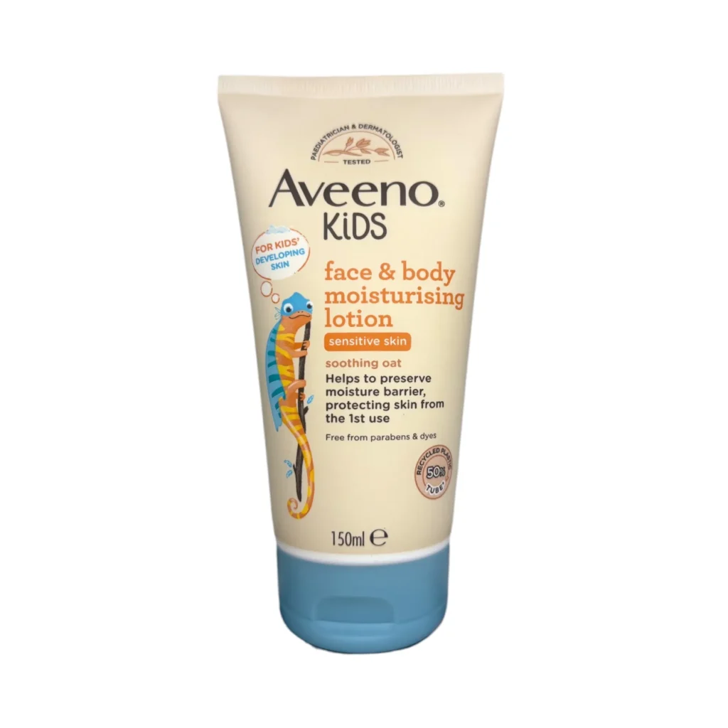 Aveeno Kids Face & Body Moisturising Lotion 150ml – łagodny balsam do twarzy i ciała dla dzieci, tuba przód