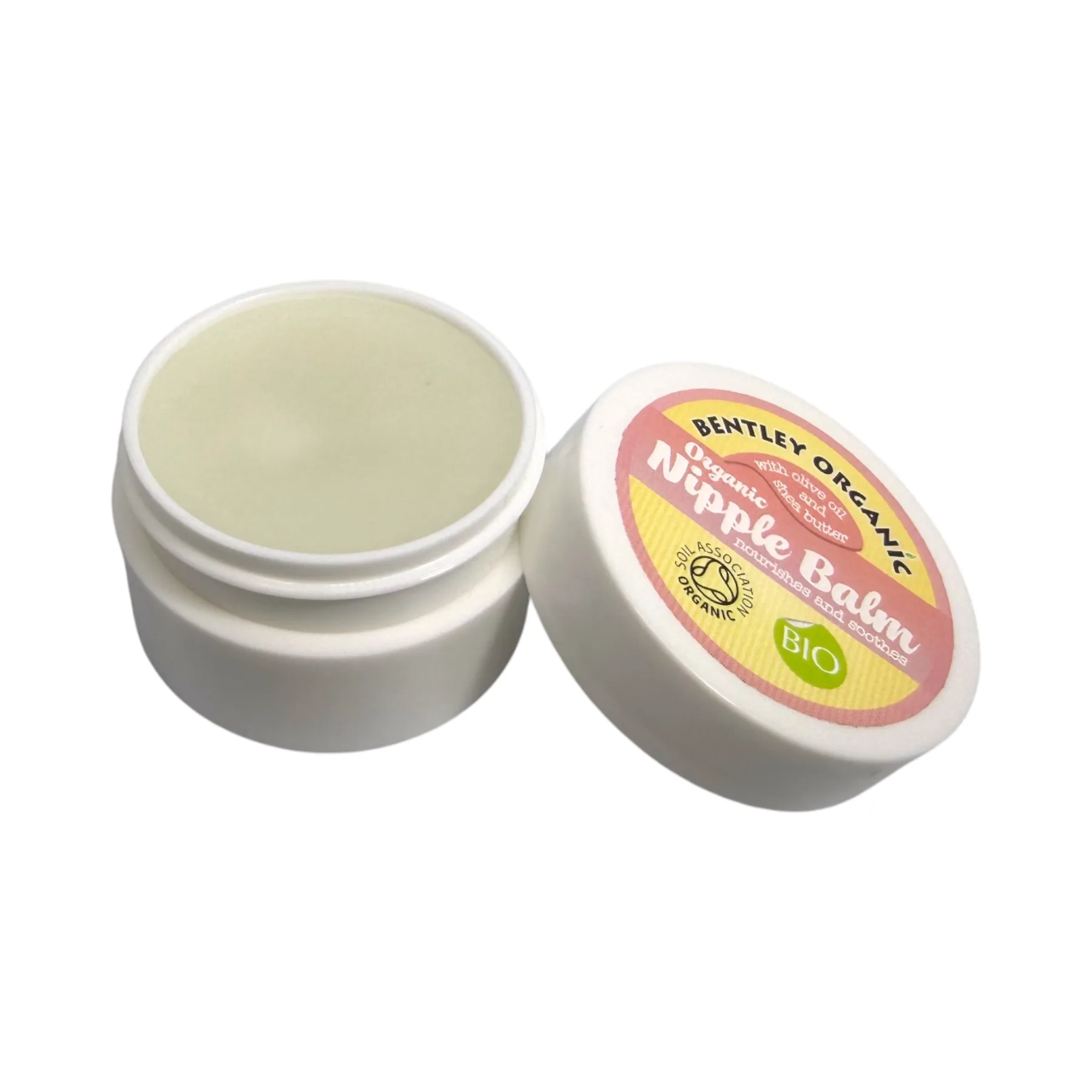 Bentley Organic Nipple Balm 17g – konsystencja balsamu widoczna po otwarciu, zawartość słoiczka