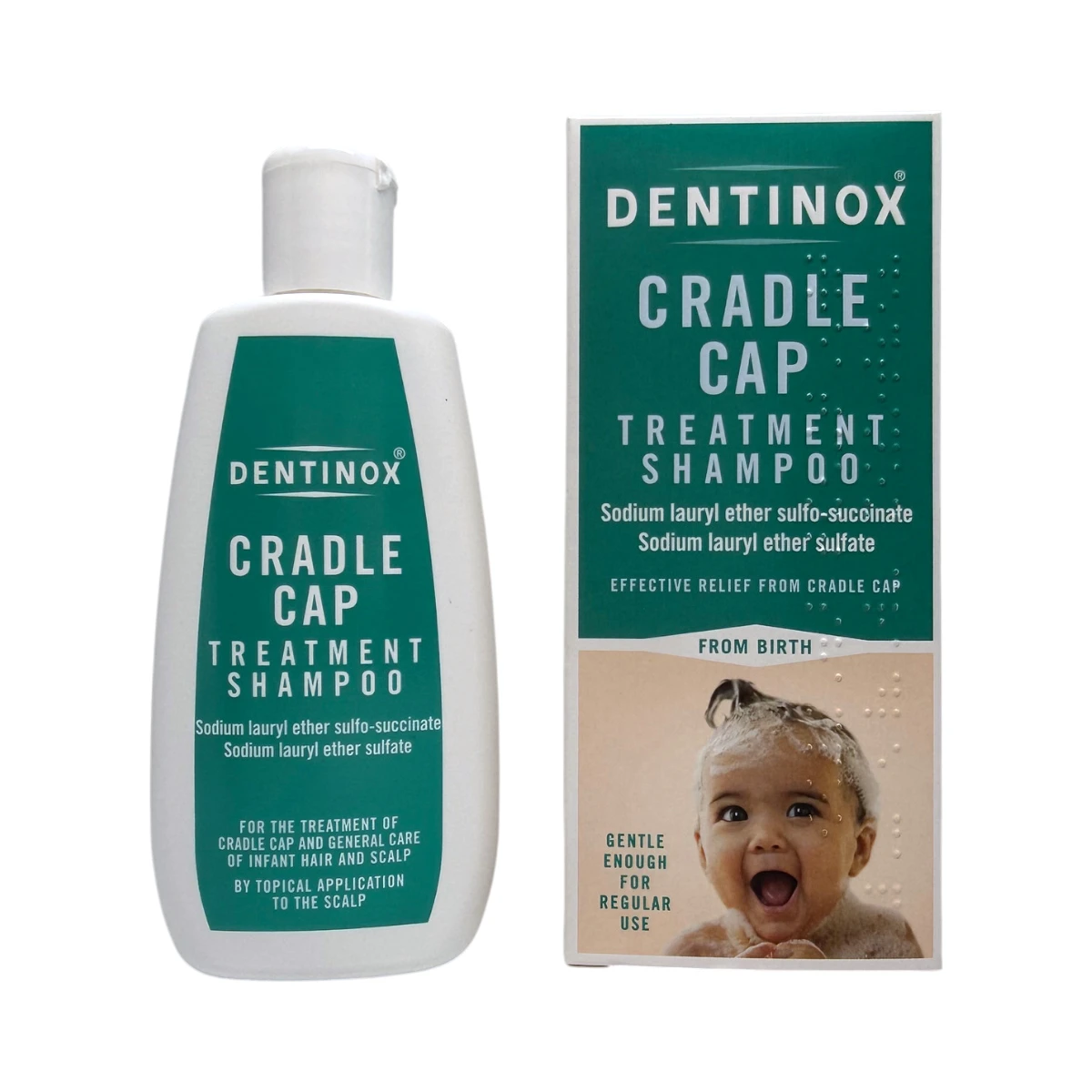 Dentinox Cradle Cap Treatment Shampoo 125 ml – szampon na ciemieniuchę dla niemowląt, butelka i kartonik