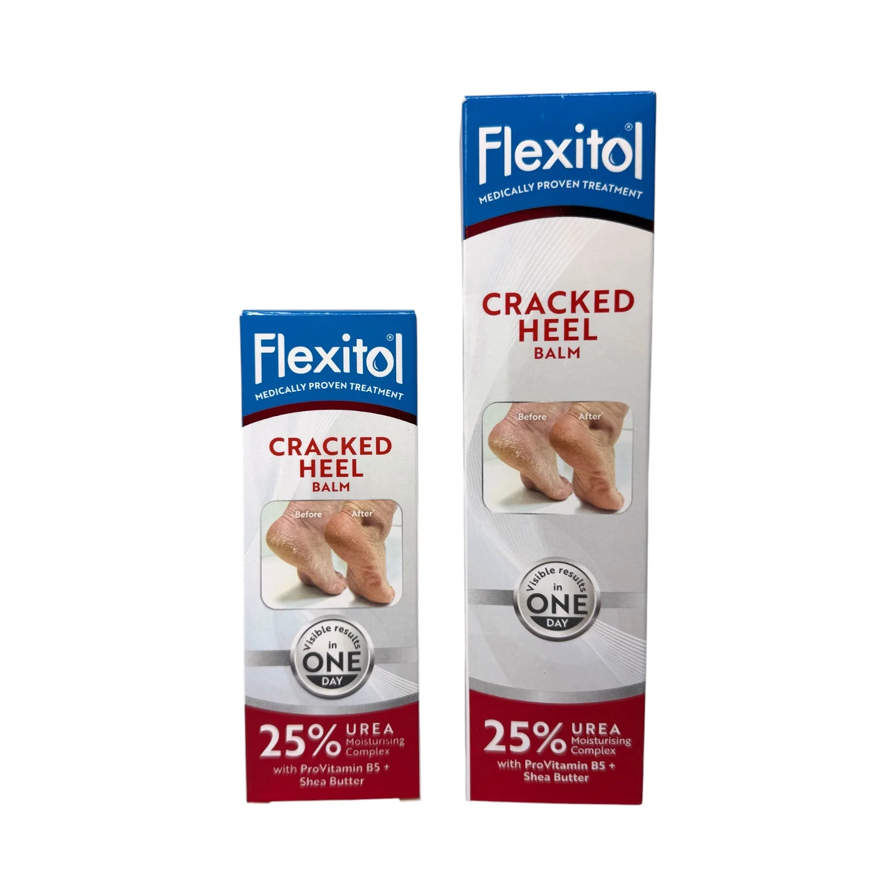 Flexitol Cracked Heel Balm 56g i 112g – balsam z masłem shea na pięty, pudełka porównanie