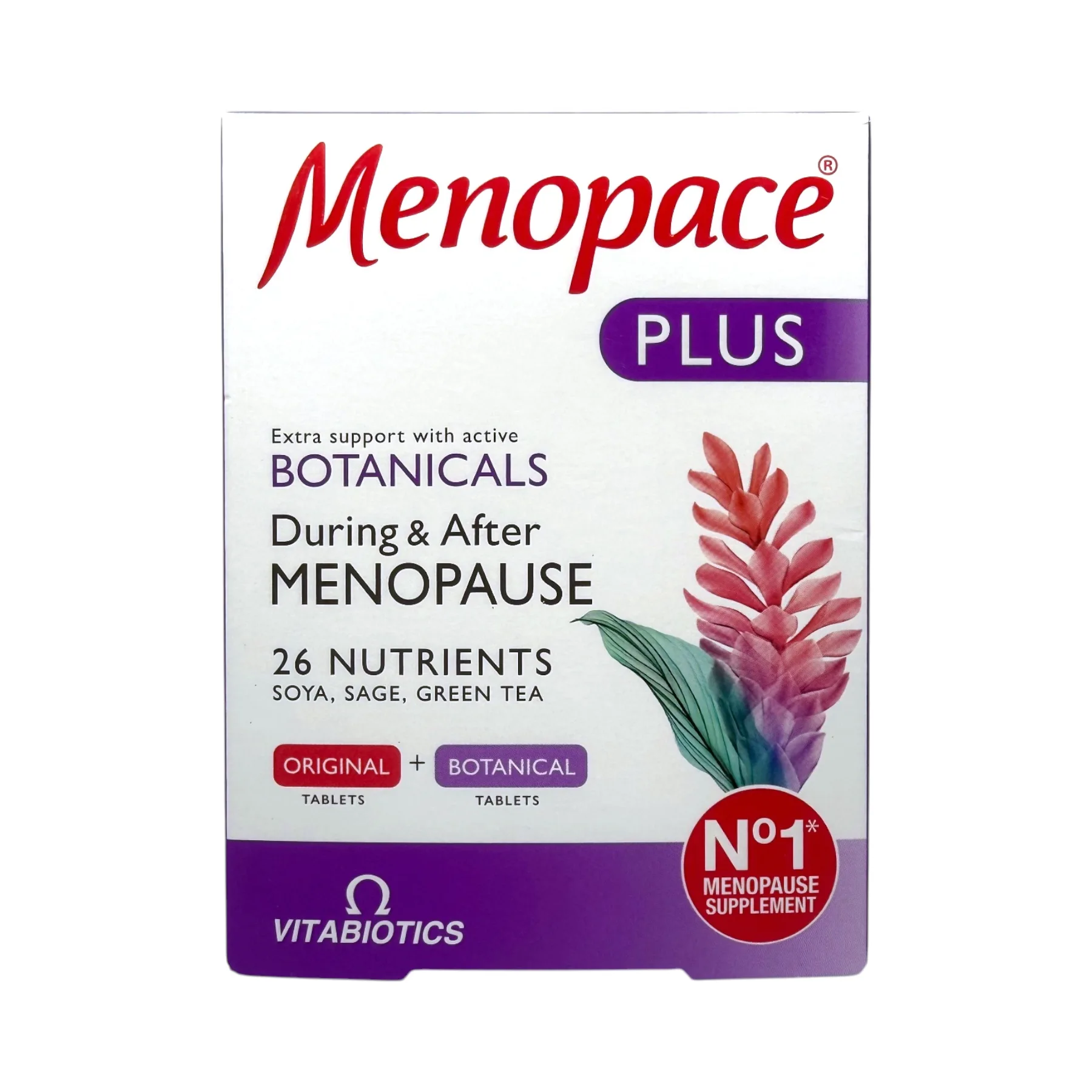 Vitabiotics Menopace Plus – suplement na objawy menopauzy z ekstraktami roślinnymi, pudełko przód