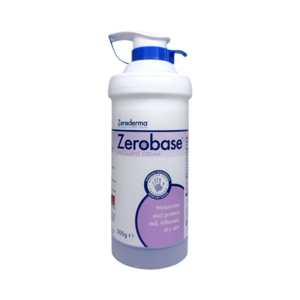 Zeroderma Zerobase Emollient Cream 500 g – emolientowy krem na suchą, zaczerwienioną i podrażnioną skórę, butelka z pompką