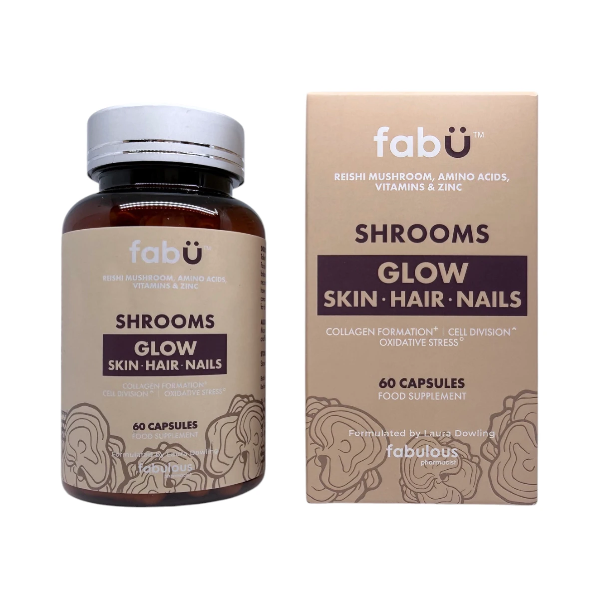 fabÜ-wellness-shrooms-glow-skin-hair-nails-60kaps fabÜ Shrooms Glow Skin Hair Nails 60 kapsułek – butelka i kartonik