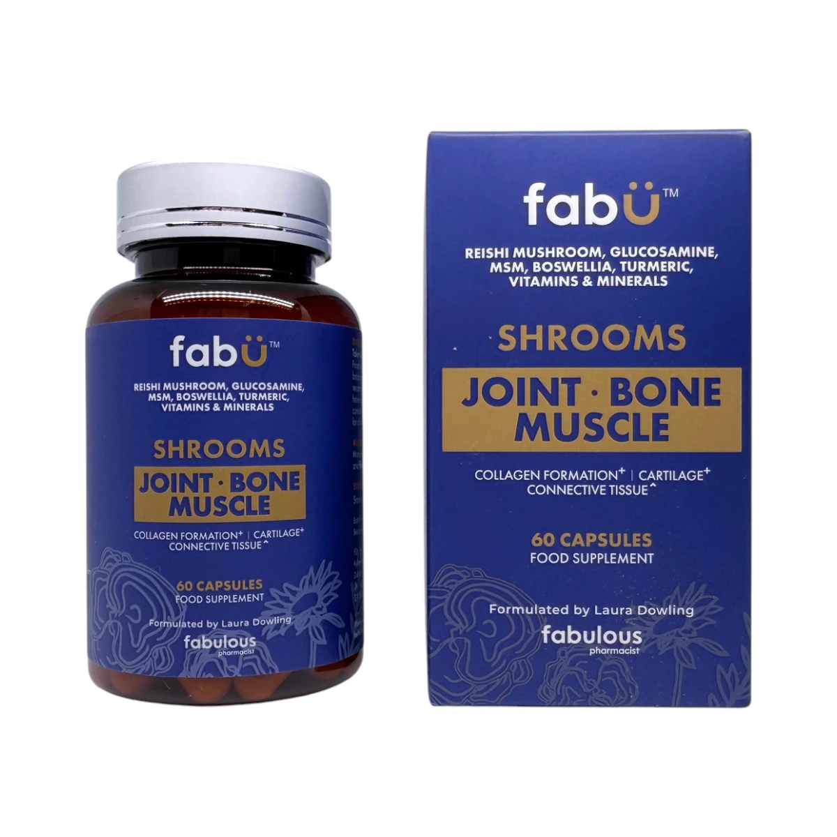 fabÜ-wellness-shrooms-joint-bone-muscle-60kaps fabÜ Shrooms Joint Bone Muscle 60 kapsułek – butelka i kartonik