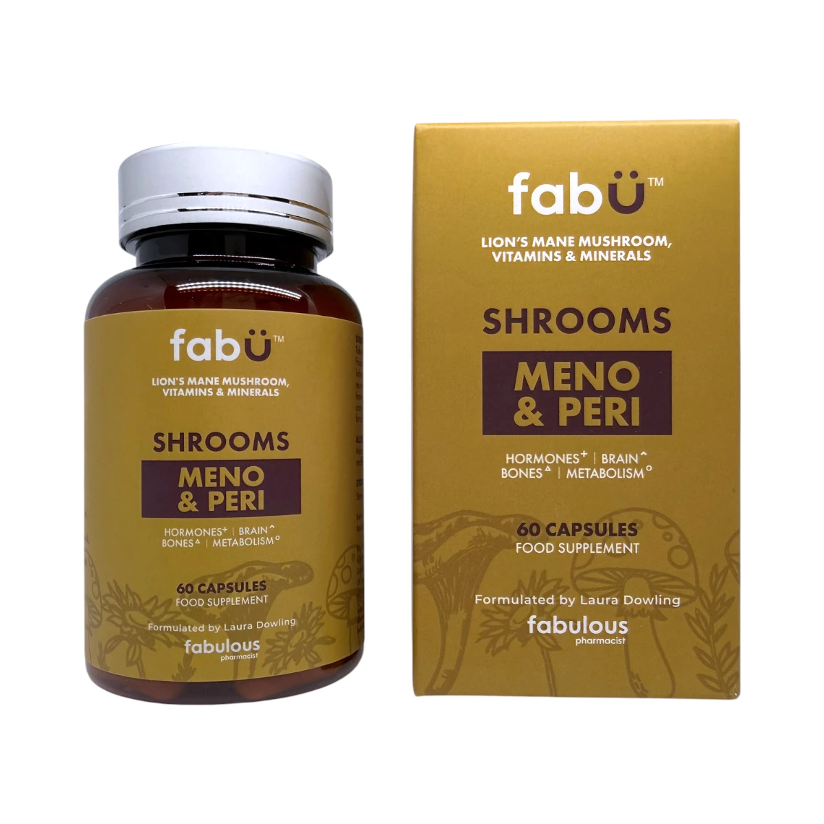 fabÜ-wellness-shrooms-meno-peri-60kaps fabÜ Shrooms Meno & Peri 60 kapsułek – butelka i kartonik