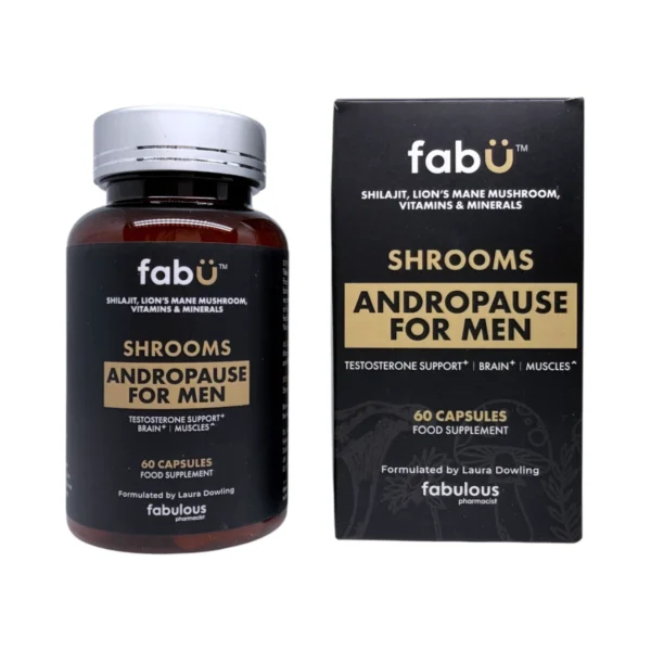 Fabu Shrooms Andropause for Men – suplement diety dla mężczyzn, pojemnik i kartonik, 60 kapsułek