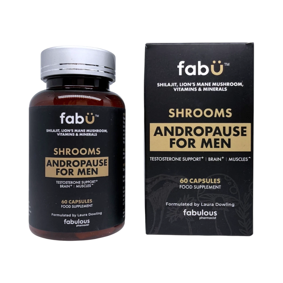 Fabu Shrooms Andropause for Men – suplement diety dla mężczyzn, pojemnik i kartonik, 60 kapsułek