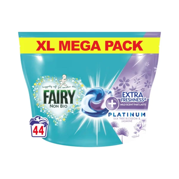 Fairy Non Bio Platinum Silk Tree Blossom & Jasmine XL Mega Pack 44 – kapsułki do prania dla wrażliwej skóry, opakowanie