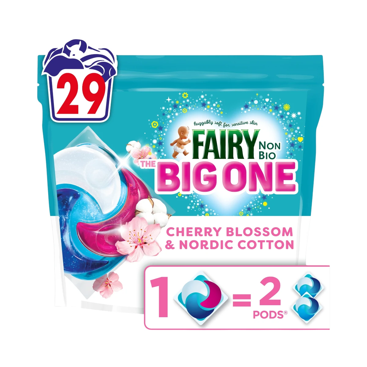 Fairy Non Bio The Big One Cherry Blossom & Nordic Cotton 29 – kapsułki do prania o zapachu kwiatu wiśni i bawełny, opakowanie