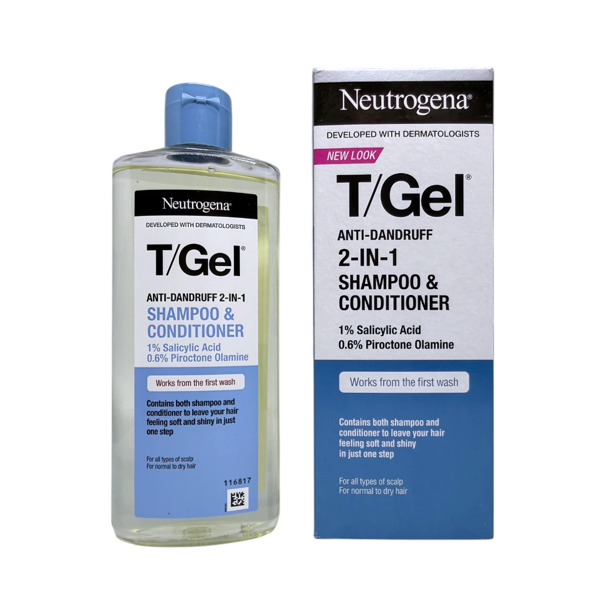 Neutrogena T/Gel Anti-Dandruff 2-in-1 Shampoo & Conditioner 250 ml – szampon przeciwłupieżowy z odżywką, butelka i kartonik