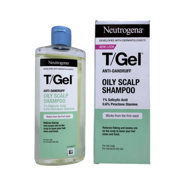 Neutrogena T/Gel Oily Scalp Shampoo 250 ml – szampon do przetłuszczającej się skóry głowy, butelka i kartonik
