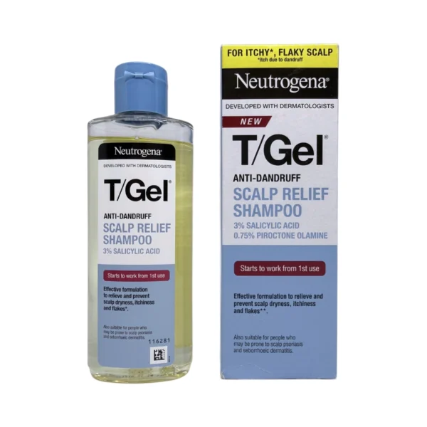 Neutrogena T/Gel Scalp Relief Shampoo 150 ml – szampon przeciwłupieżowy z 3% kwasem salicylowym, butelka i kartonik