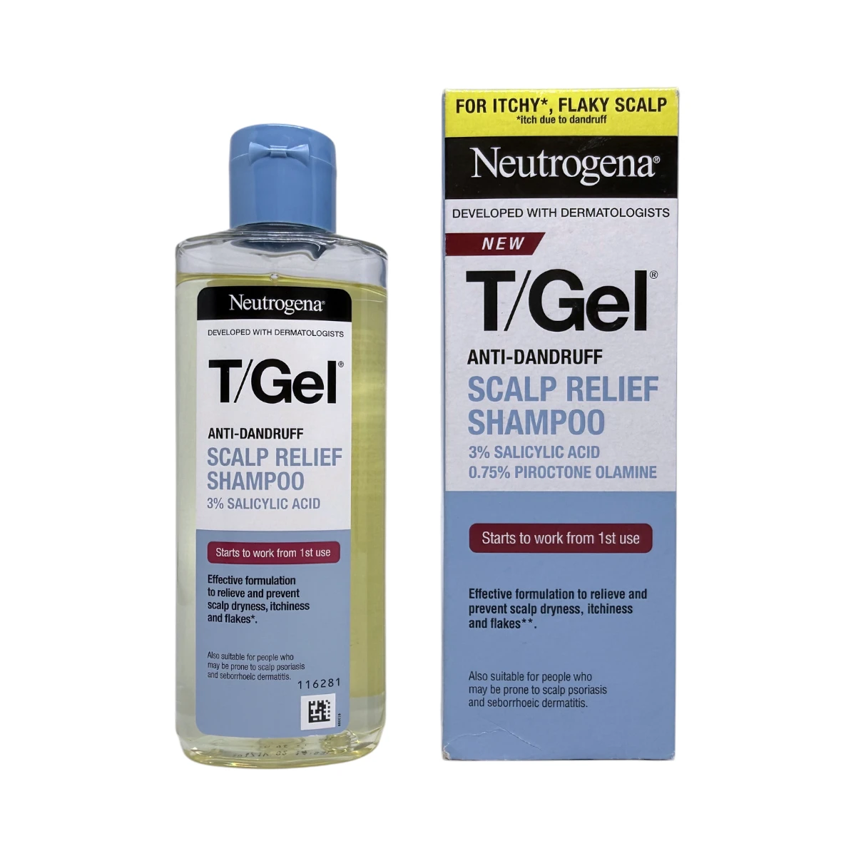 Neutrogena T/Gel Scalp Relief Shampoo 150 ml – szampon przeciwłupieżowy z 3% kwasem salicylowym, butelka i kartonik
