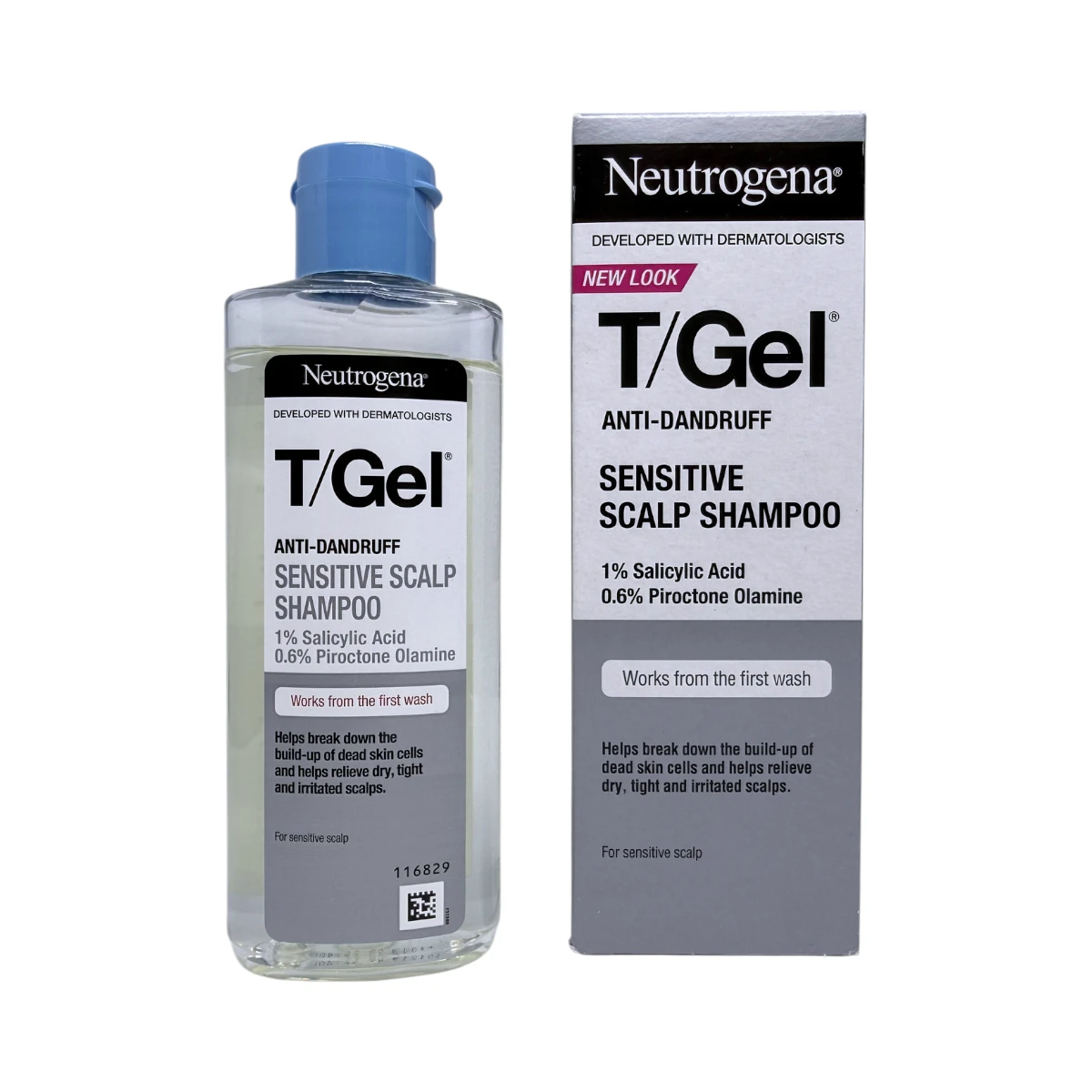 Neutrogena T/Gel Sensitive Scalp Shampoo 150 ml – szampon przeciwłupieżowy do wrażliwej skóry głowy, butelka i kartonik